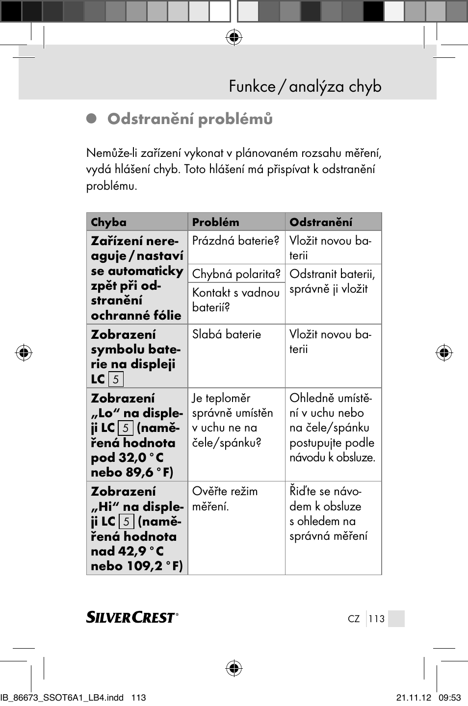 Funkce / analýza chyb, Odstranění problémů | Silvercrest SSOT 6 A1 User Manual | Page 113 / 181