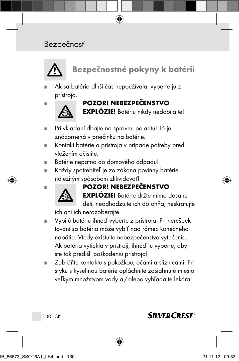 Bezpečnosť, Bezpečnostné pokyny k batérii | Silvercrest SSOT 6 A1 User Manual | Page 130 / 181