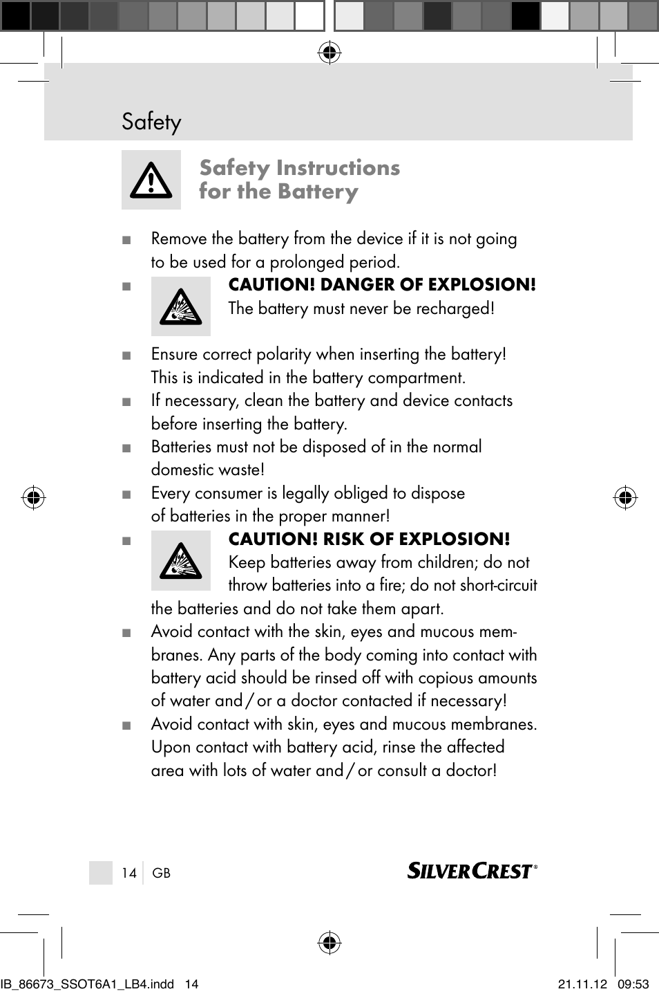 Safety, Safety instructions for the battery | Silvercrest SSOT 6 A1 User Manual | Page 14 / 181