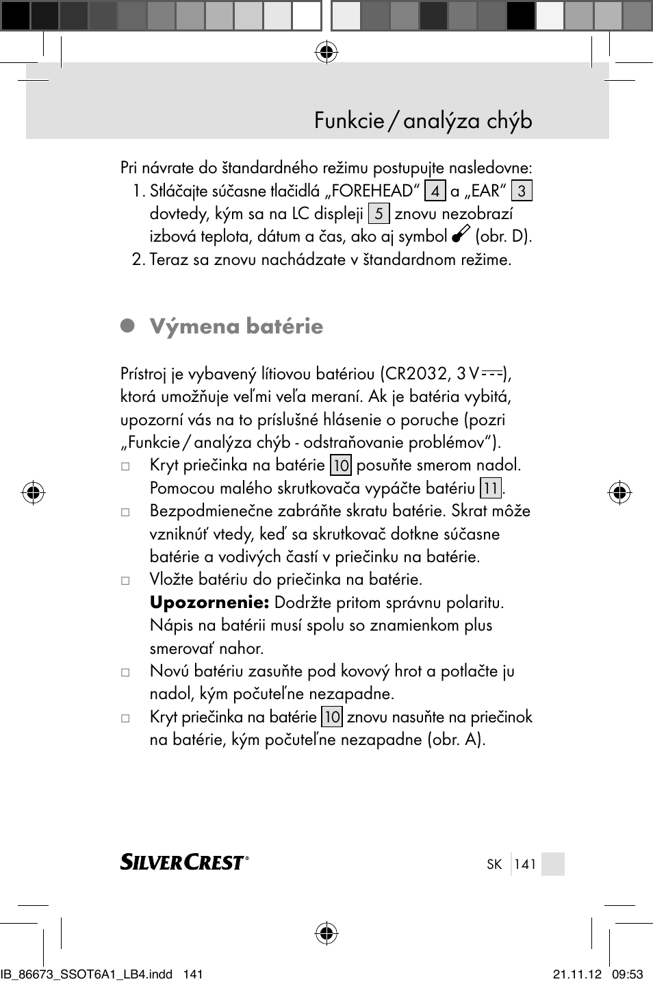 Funkcie / analýza chýb, Výmena batérie | Silvercrest SSOT 6 A1 User Manual | Page 141 / 181