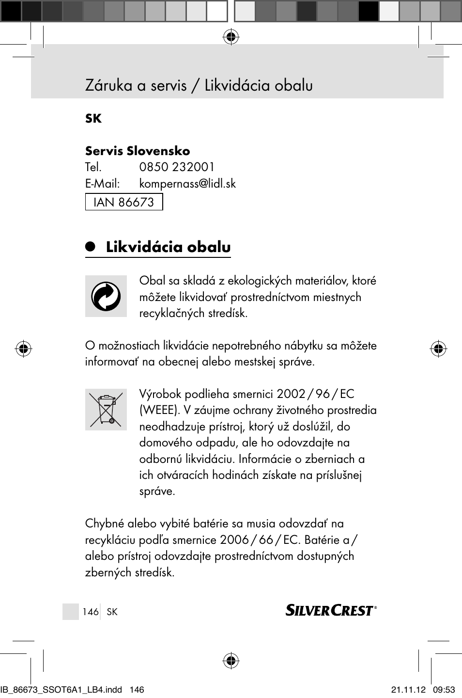 Záruka a servis / likvidácia obalu, Likvidácia obalu | Silvercrest SSOT 6 A1 User Manual | Page 146 / 181