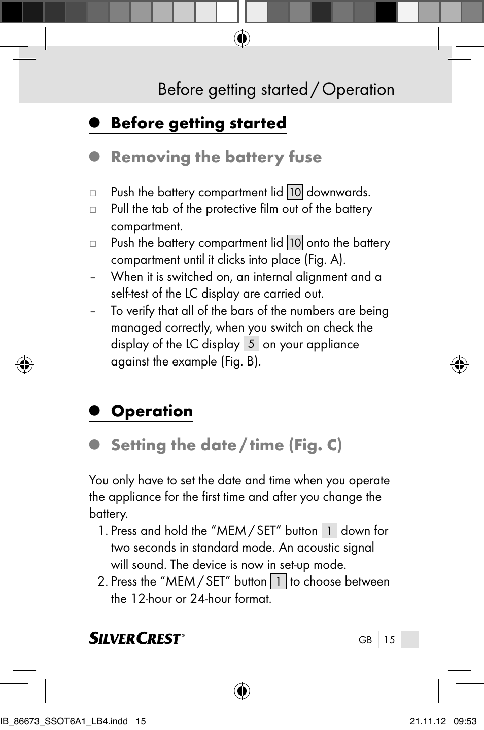 Before getting started / operation, Before getting started, Removing the battery fuse | Operation, Setting the date / time (fig. c) | Silvercrest SSOT 6 A1 User Manual | Page 15 / 181