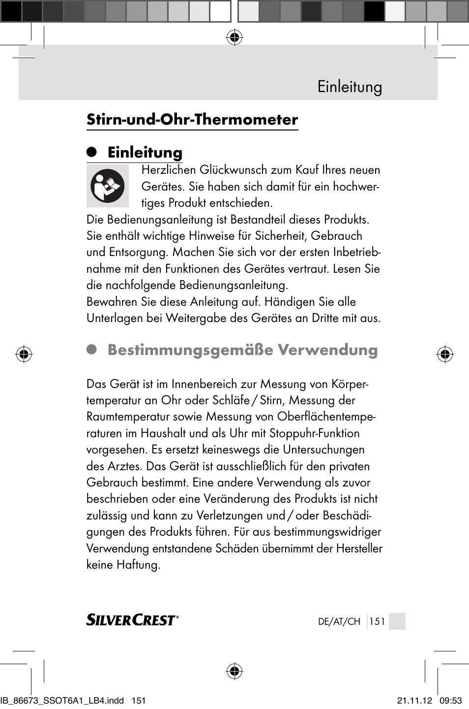 Einleitung, Stirn-und-ohr-thermometer, Bestimmungsgemäße verwendung | Silvercrest SSOT 6 A1 User Manual | Page 151 / 181