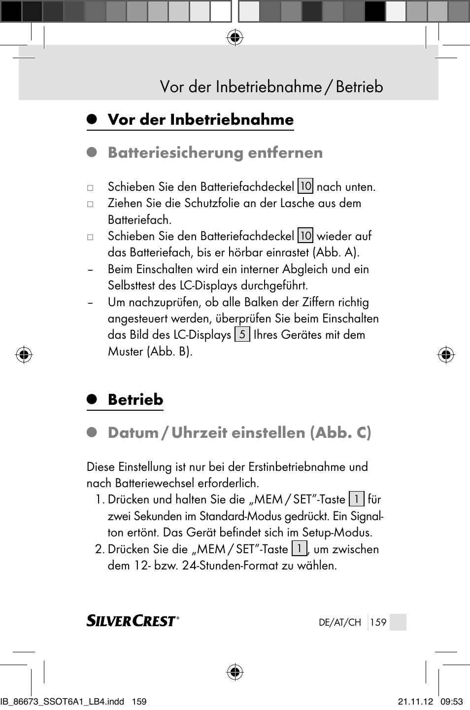 Vor der inbetriebnahme / betrieb, Vor der inbetriebnahme, Batteriesicherung entfernen | Betrieb, Datum / uhrzeit einstellen (abb. c) | Silvercrest SSOT 6 A1 User Manual | Page 159 / 181