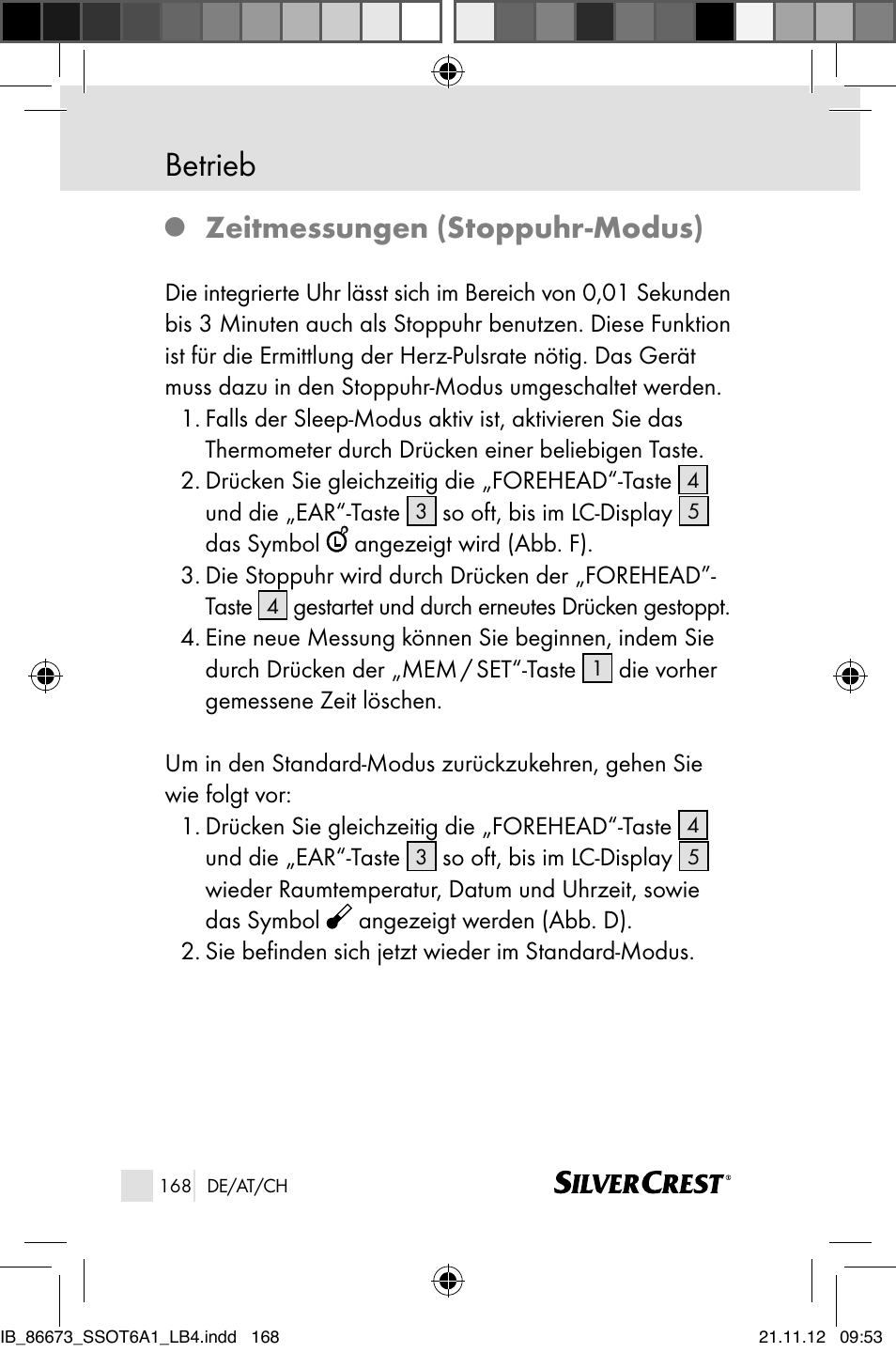Betrieb, Zeitmessungen (stoppuhr-modus) | Silvercrest SSOT 6 A1 User Manual | Page 168 / 181