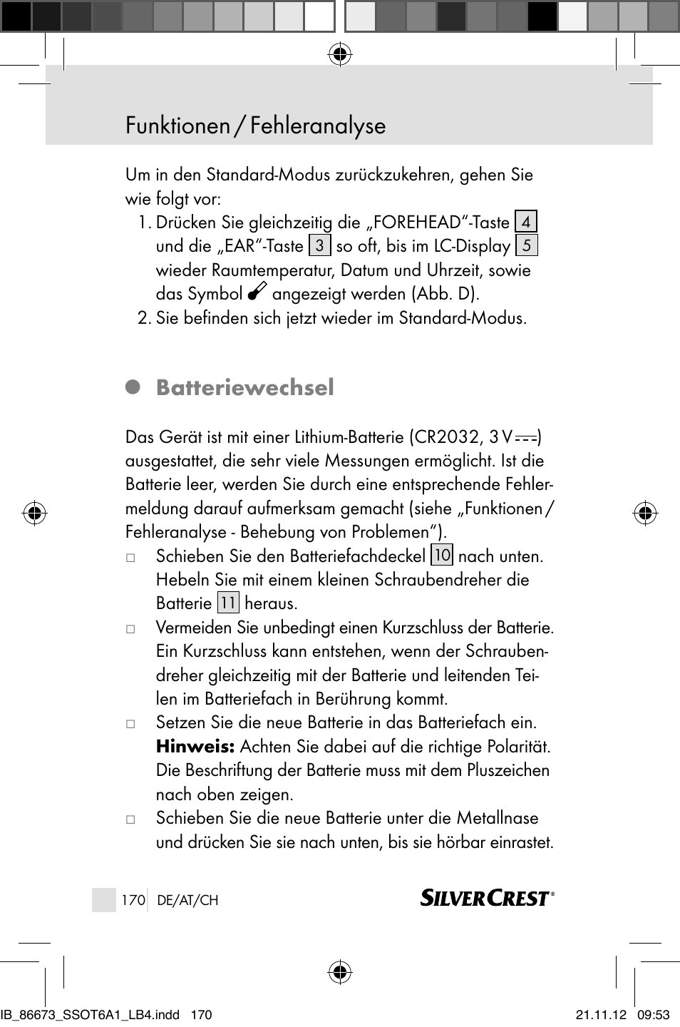 Funktionen / fehleranalyse, Batteriewechsel | Silvercrest SSOT 6 A1 User Manual | Page 170 / 181