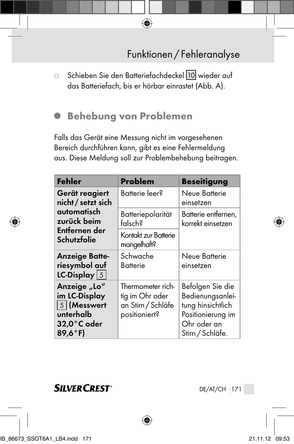 Funktionen / fehleranalyse, Behebung von problemen | Silvercrest SSOT 6 A1 User Manual | Page 171 / 181