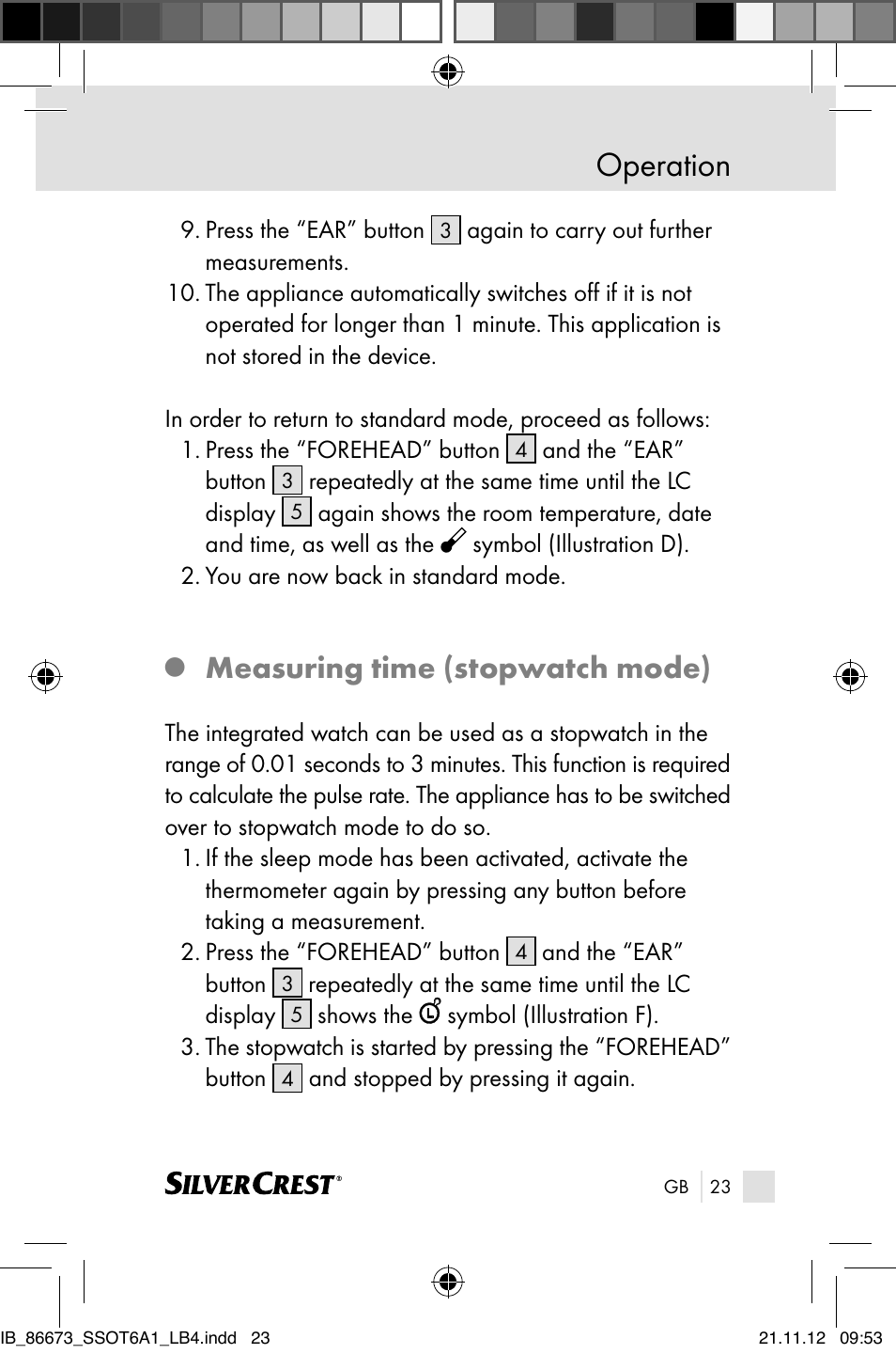 Operation, Measuring time (stopwatch mode) | Silvercrest SSOT 6 A1 User Manual | Page 23 / 181