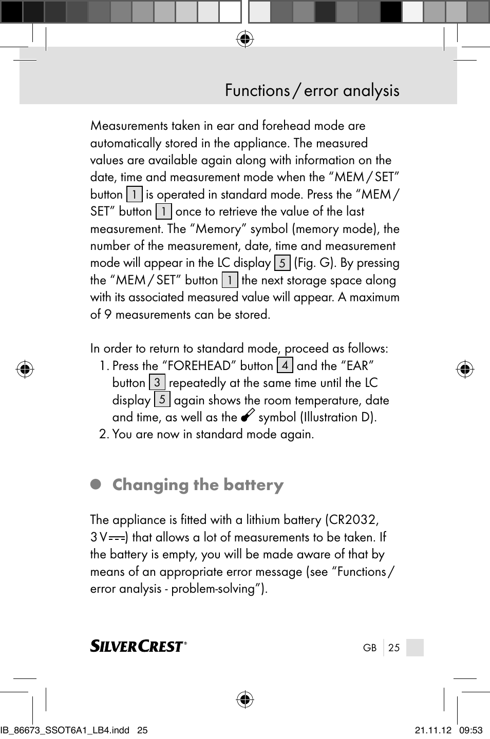 Functions / error analysis, Changing the battery | Silvercrest SSOT 6 A1 User Manual | Page 25 / 181