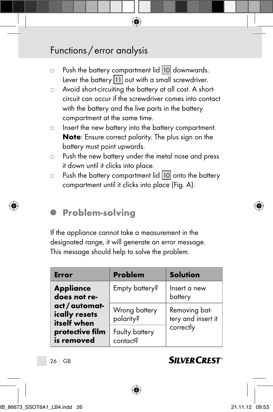 Functions / error analysis, Problem-solving | Silvercrest SSOT 6 A1 User Manual | Page 26 / 181