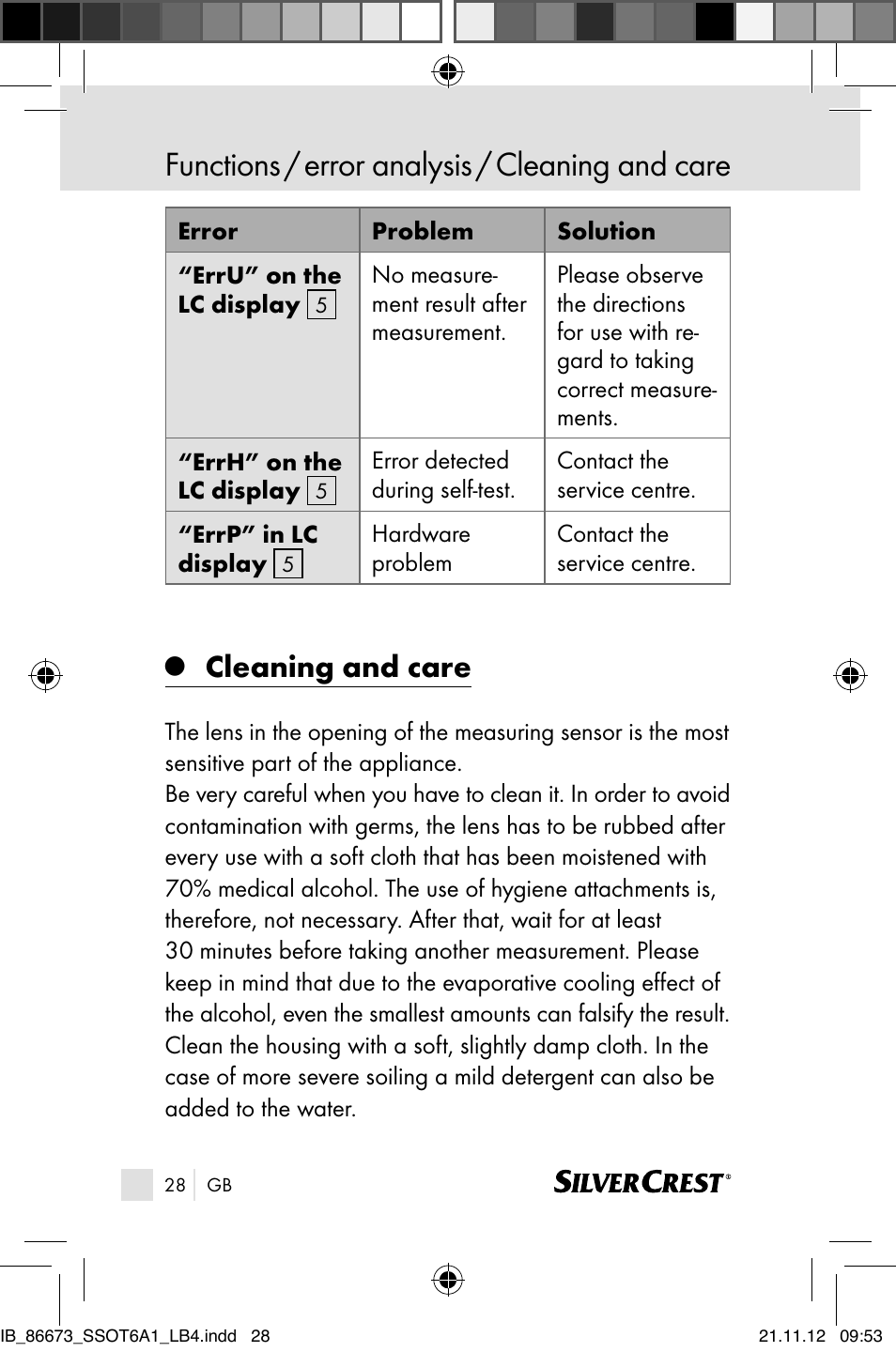 Functions / error analysis / cleaning and care, Cleaning and care | Silvercrest SSOT 6 A1 User Manual | Page 28 / 181