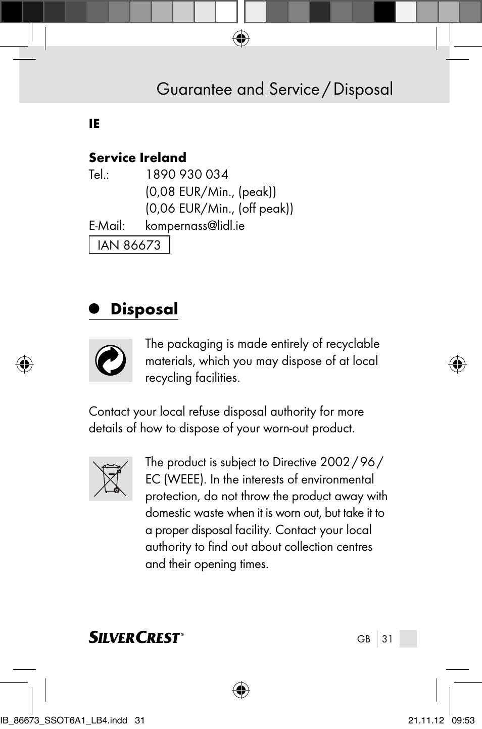 Guarantee and service / disposal, Disposal | Silvercrest SSOT 6 A1 User Manual | Page 31 / 181