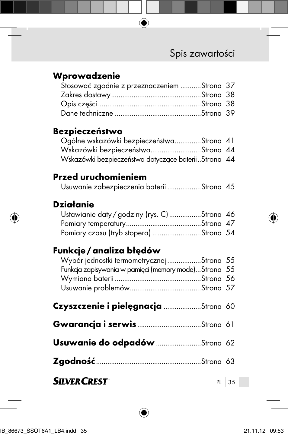 Spis zawartości, Wprowadzenie, Bezpieczeństwo | Przed uruchomieniem, Działanie, Funkcje / analiza błędów, Czyszczenie i pielęgnacja, Gwarancja i serwis, Usuwanie do odpadów, Zgodność | Silvercrest SSOT 6 A1 User Manual | Page 35 / 181