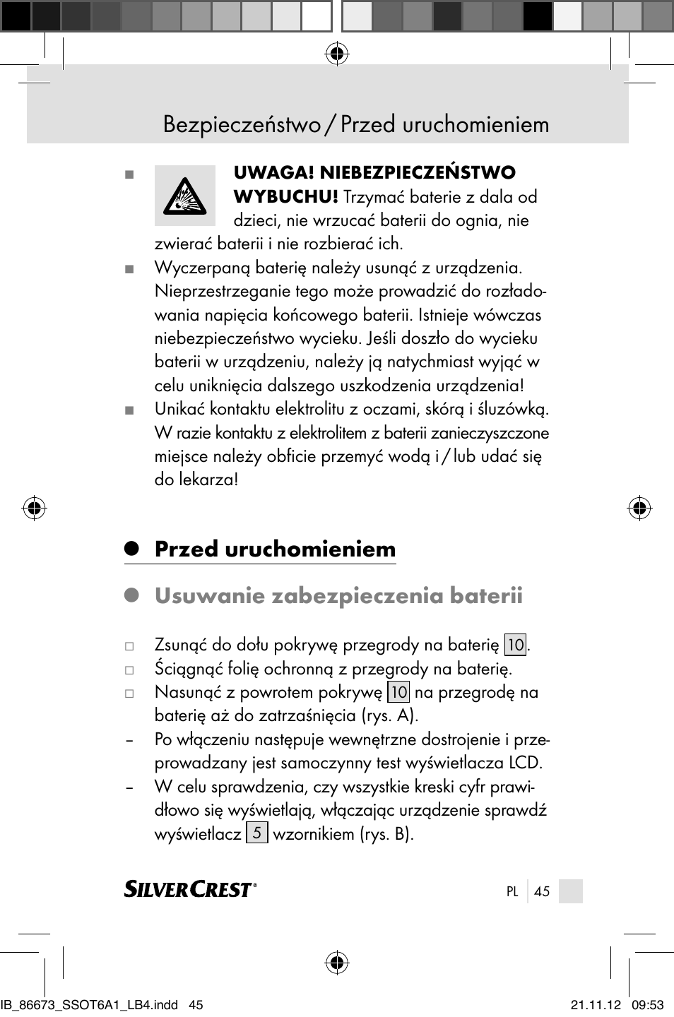 Bezpieczeństwo / przed uruchomieniem, Przed uruchomieniem, Usuwanie zabezpieczenia baterii | Silvercrest SSOT 6 A1 User Manual | Page 45 / 181
