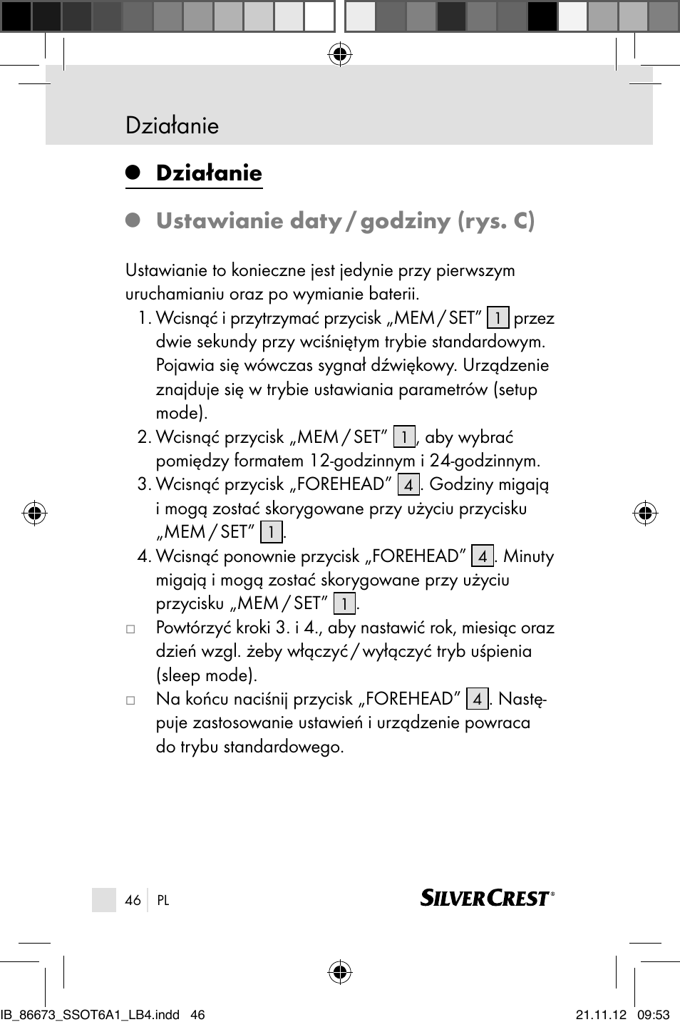 Działanie, Ustawianie daty / godziny (rys. c) | Silvercrest SSOT 6 A1 User Manual | Page 46 / 181