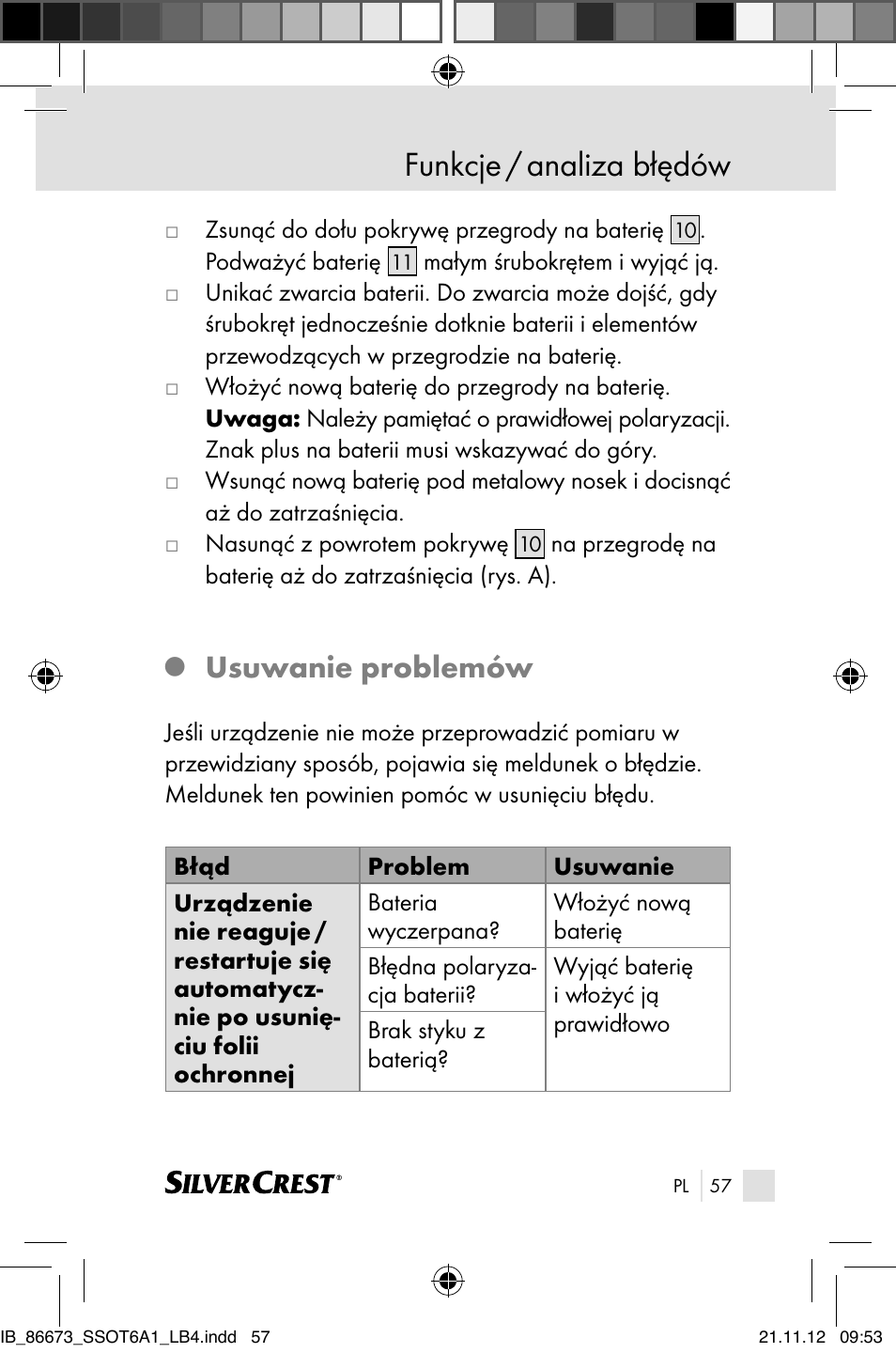 Funkcje / analiza błędów, Usuwanie problemów | Silvercrest SSOT 6 A1 User Manual | Page 57 / 181