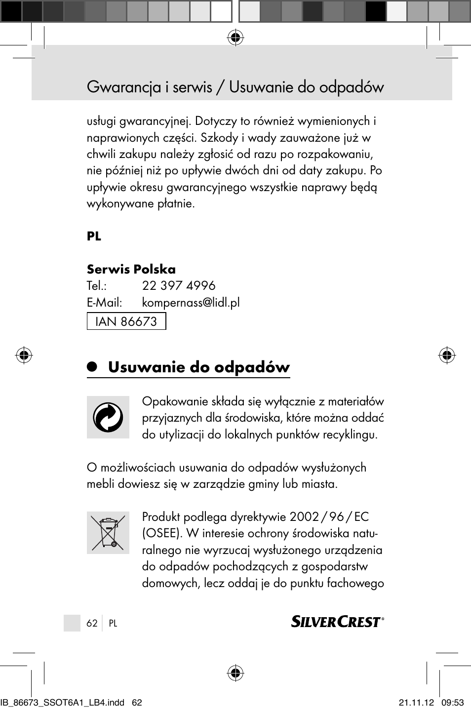 Gwarancja i serwis / usuwanie do odpadów, Usuwanie do odpadów | Silvercrest SSOT 6 A1 User Manual | Page 62 / 181