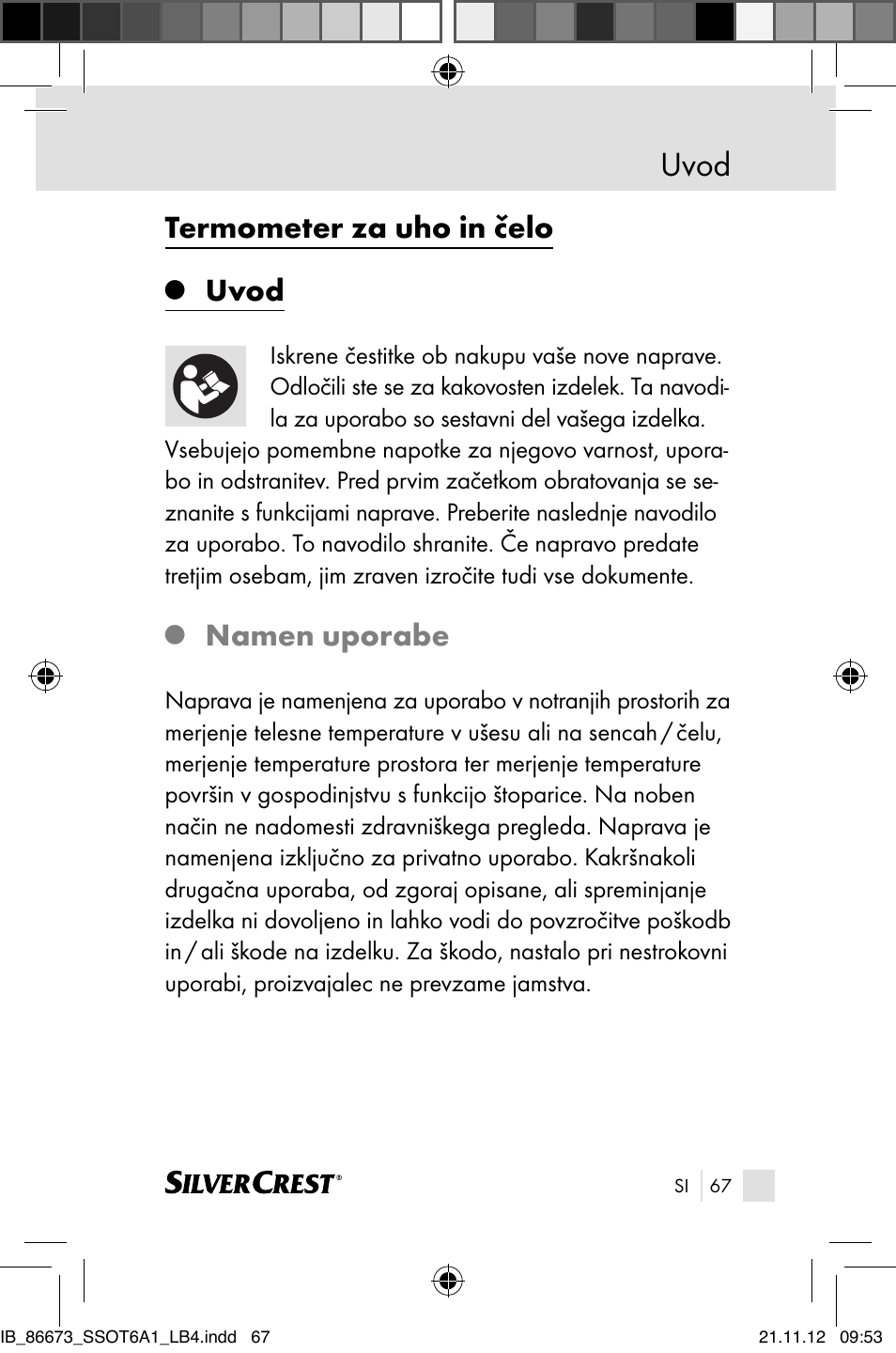 Uvod, Termometer za uho in čelo, Namen uporabe | Silvercrest SSOT 6 A1 User Manual | Page 67 / 181