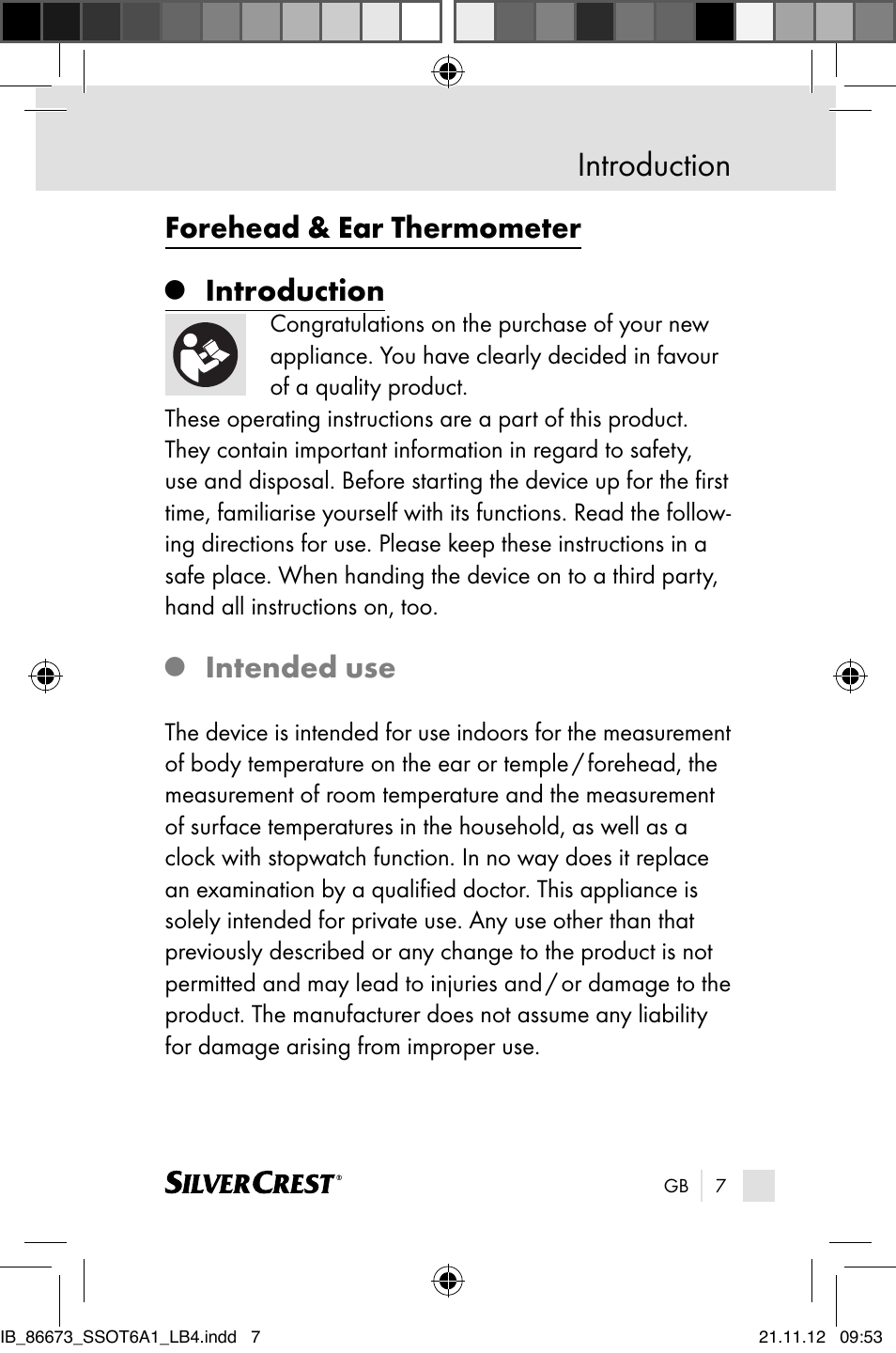 Introduction, Forehead & ear thermometer, Intended use | Silvercrest SSOT 6 A1 User Manual | Page 7 / 181
