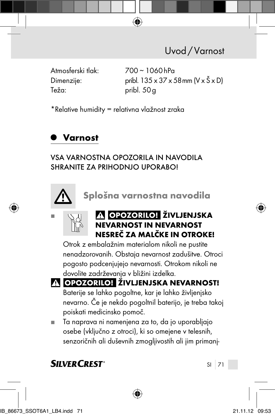 Uvod / varnost, Varnost, Splošna varnostna navodila | Silvercrest SSOT 6 A1 User Manual | Page 71 / 181