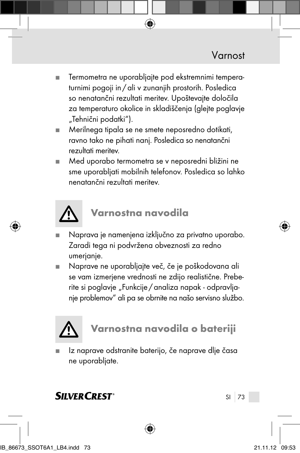 Varnost, Varnostna navodila, Varnostna navodila o bateriji | Silvercrest SSOT 6 A1 User Manual | Page 73 / 181