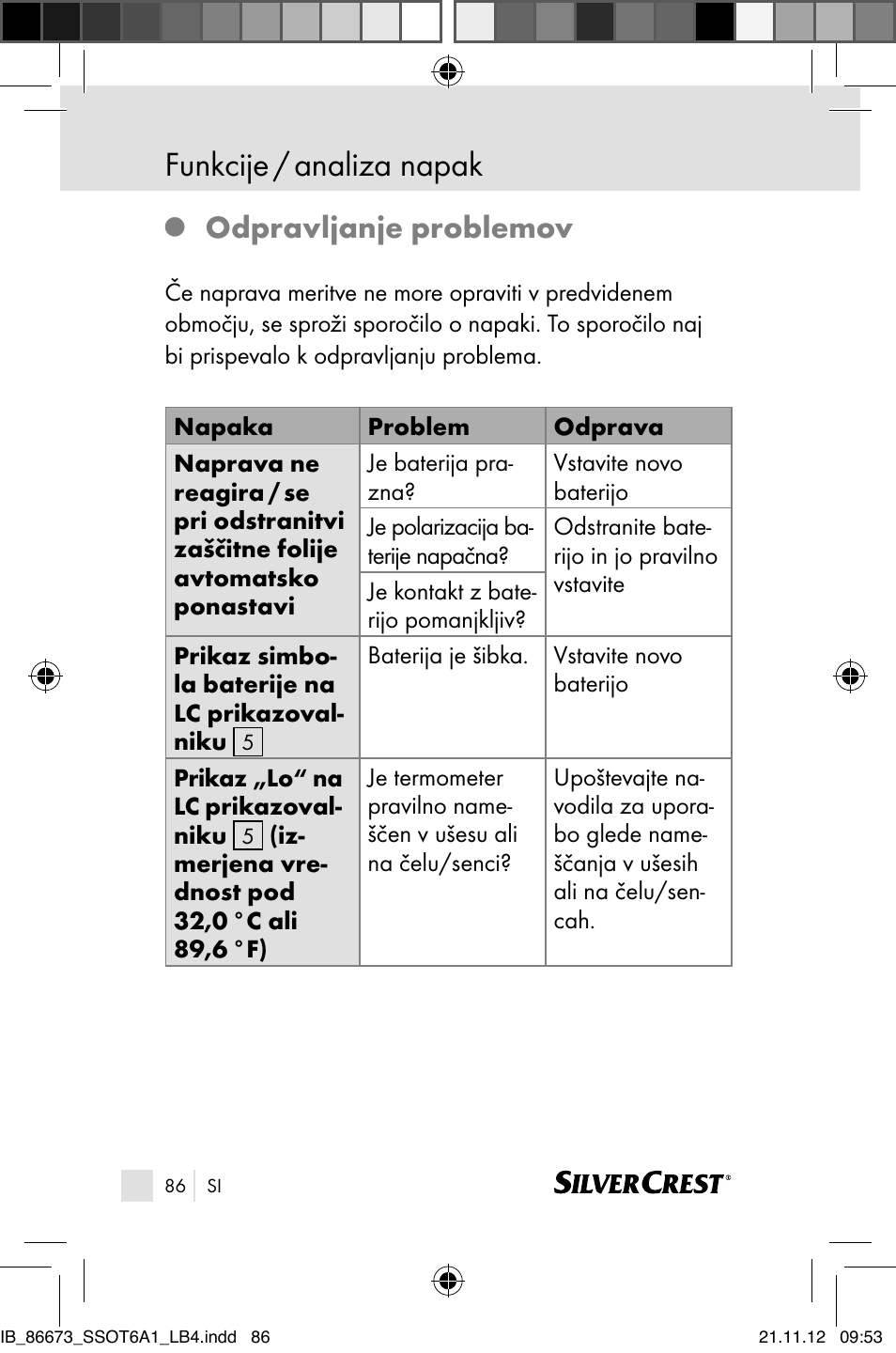 Funkcije / analiza napak, Odpravljanje problemov | Silvercrest SSOT 6 A1 User Manual | Page 86 / 181