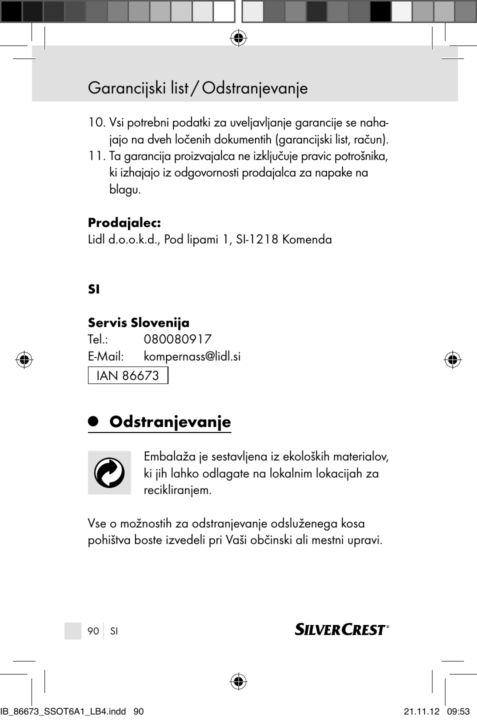 Garancijski list / odstranjevanje, Odstranjevanje | Silvercrest SSOT 6 A1 User Manual | Page 90 / 181