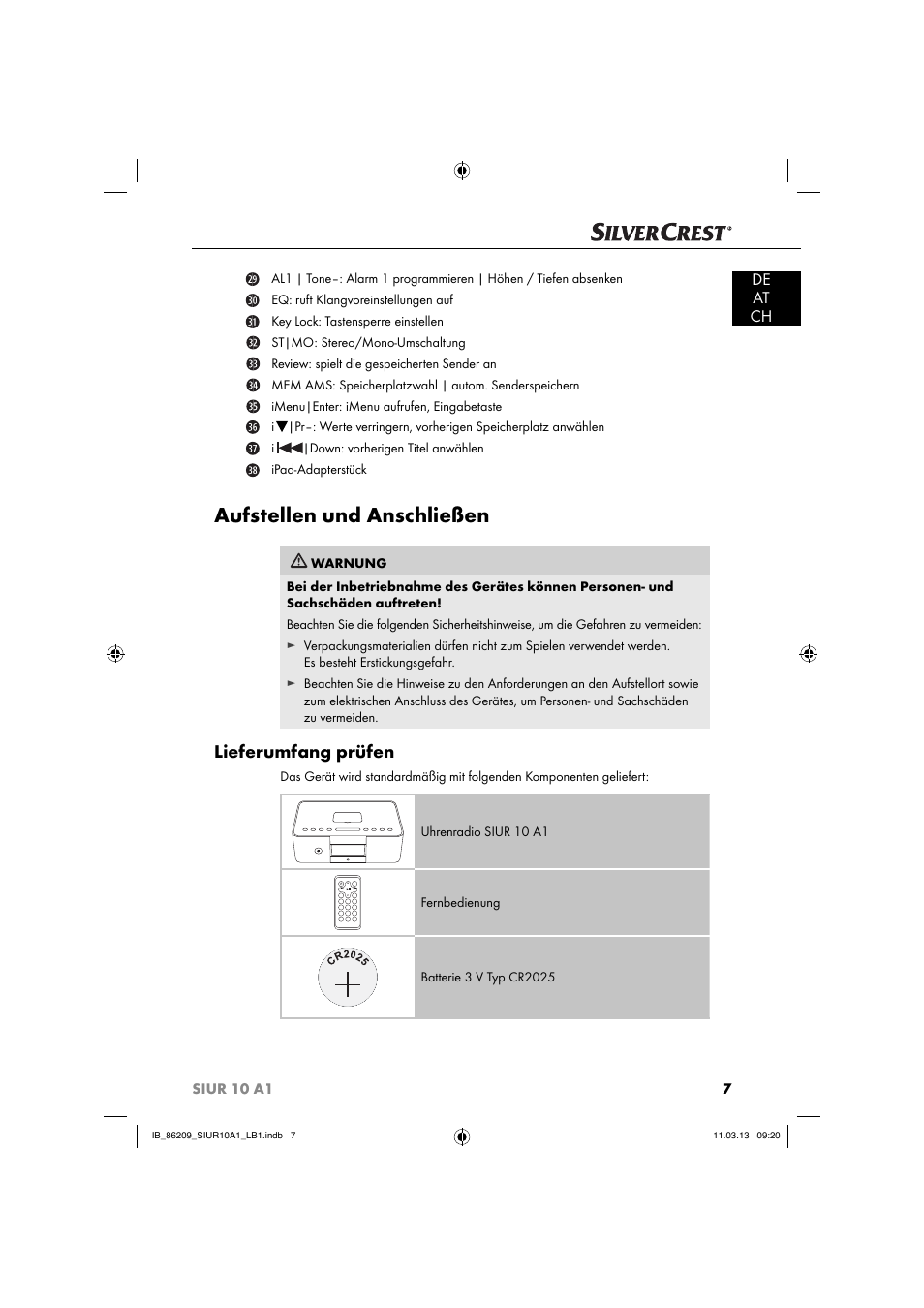 Aufstellen und anschließen, Lieferumfang prüfen, De at ch | Silvercrest SIUR 10 A1 User Manual | Page 10 / 154