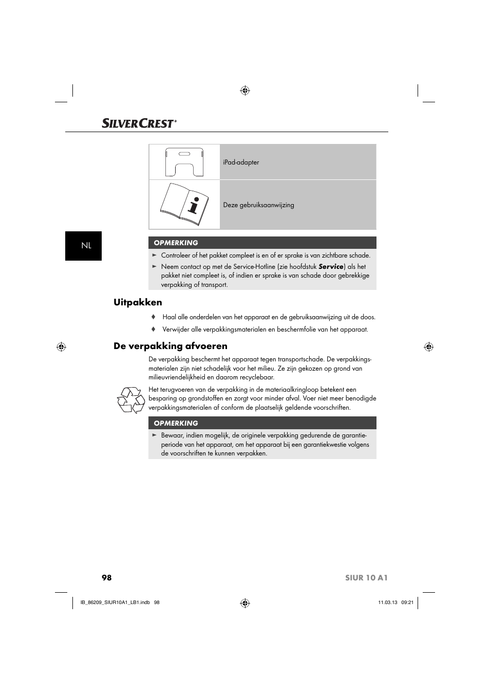 Uitpakken, De verpakking afvoeren | Silvercrest SIUR 10 A1 User Manual | Page 101 / 154