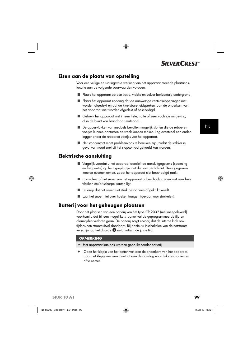 Eisen aan de plaats van opstelling, Elektrische aansluiting, Batterij voor het geheugen plaatsen | Silvercrest SIUR 10 A1 User Manual | Page 102 / 154