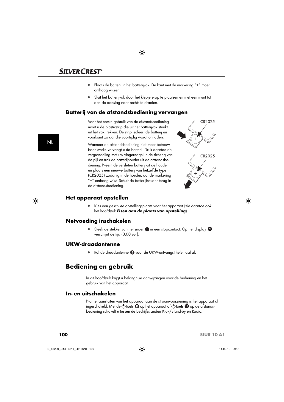 Bediening en gebruik, Batterij van de afstandsbediening vervangen, Het apparaat opstellen | Netvoeding inschakelen, Ukw-draadantenne, In- en uitschakelen | Silvercrest SIUR 10 A1 User Manual | Page 103 / 154