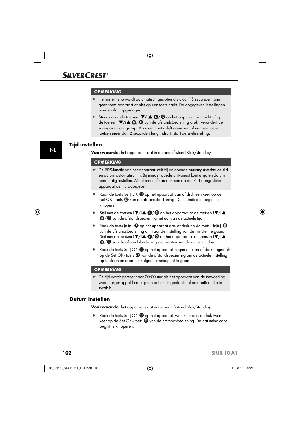 Tijd instellen, Datum instellen | Silvercrest SIUR 10 A1 User Manual | Page 105 / 154