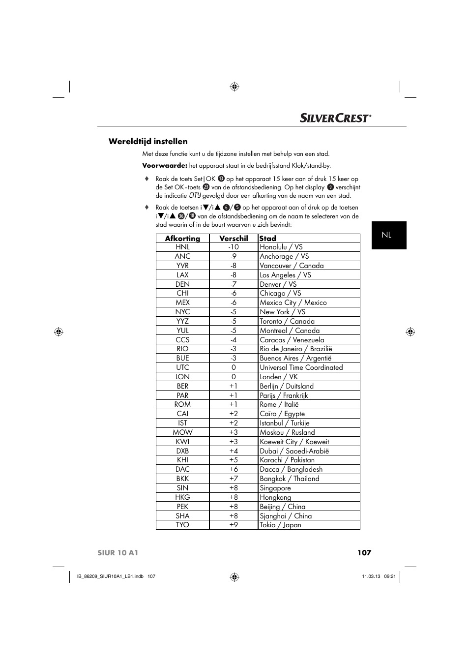 Nl wereldtijd instellen | Silvercrest SIUR 10 A1 User Manual | Page 110 / 154