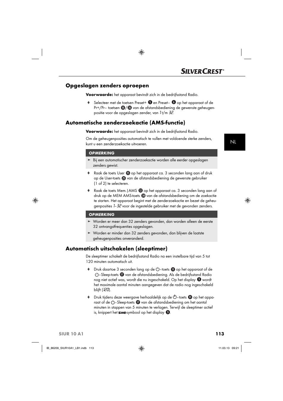 Opgeslagen zenders oproepen, Automatische zenderzoekactie (ams-functie), Automatisch uitschakelen (sleeptimer) | Silvercrest SIUR 10 A1 User Manual | Page 116 / 154