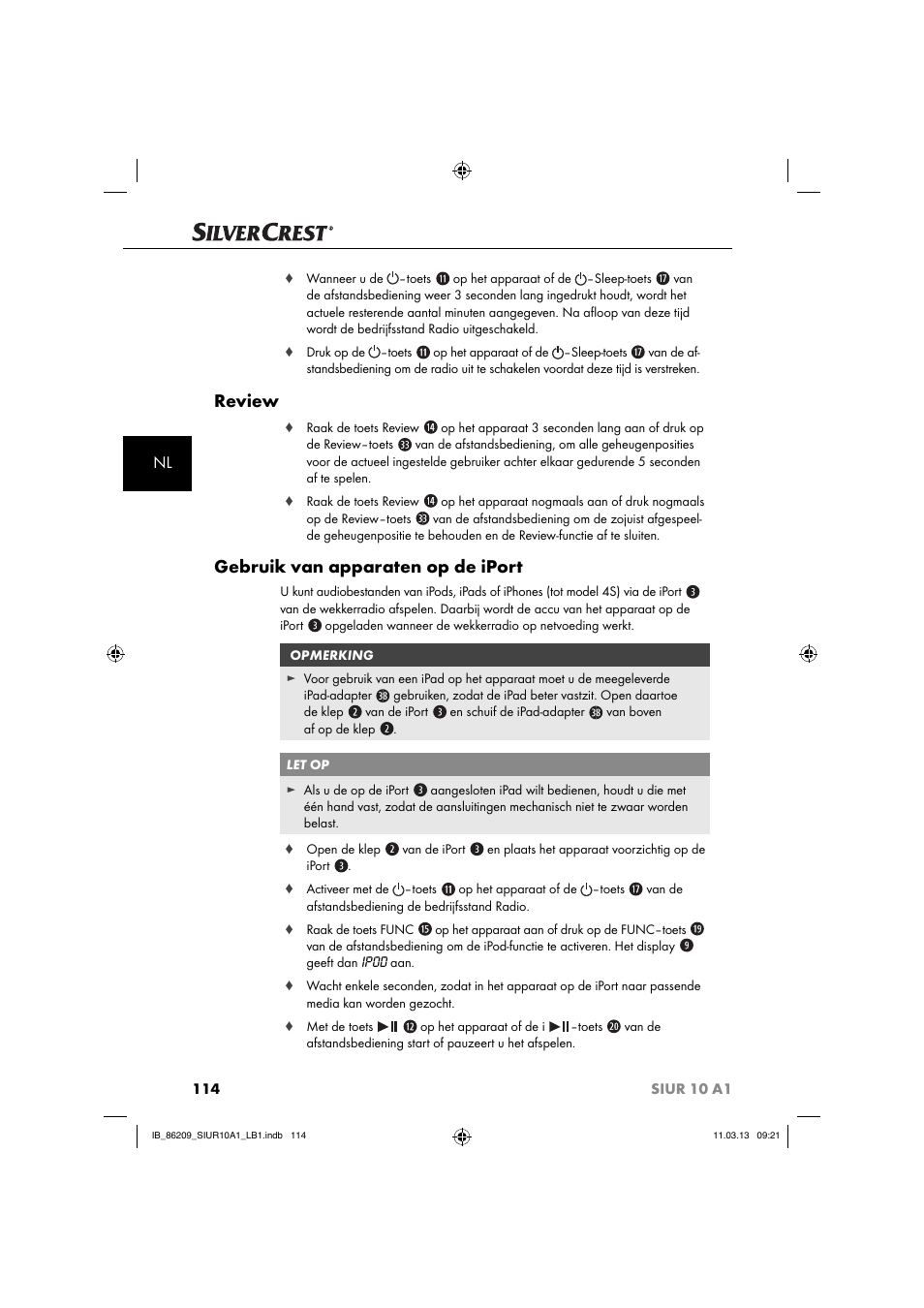 Review, Gebruik van apparaten op de iport | Silvercrest SIUR 10 A1 User Manual | Page 117 / 154