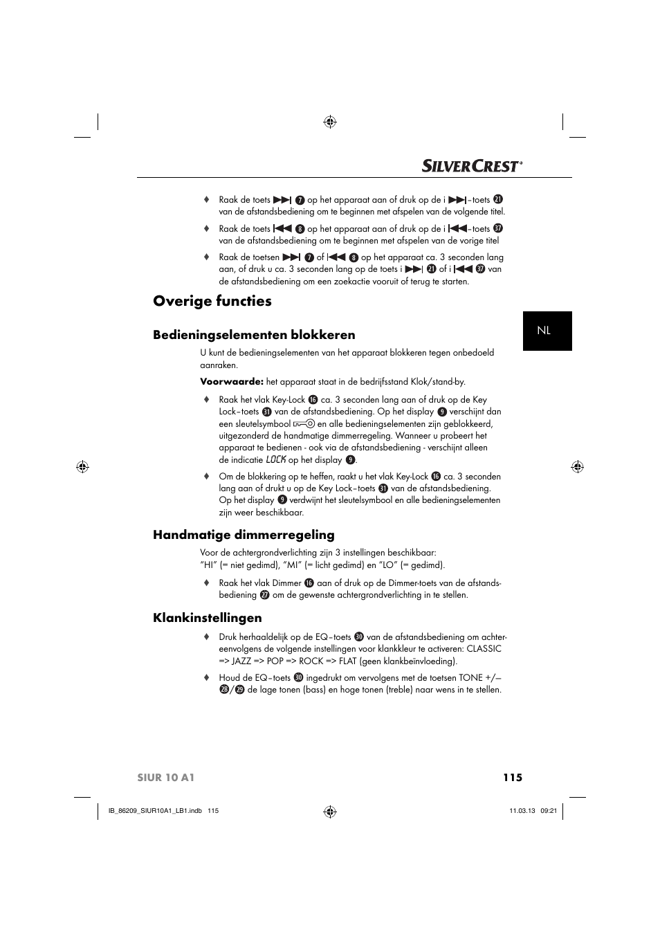 Overige functies, Bedieningselementen blokkeren, Handmatige dimmerregeling | Klankinstellingen | Silvercrest SIUR 10 A1 User Manual | Page 118 / 154