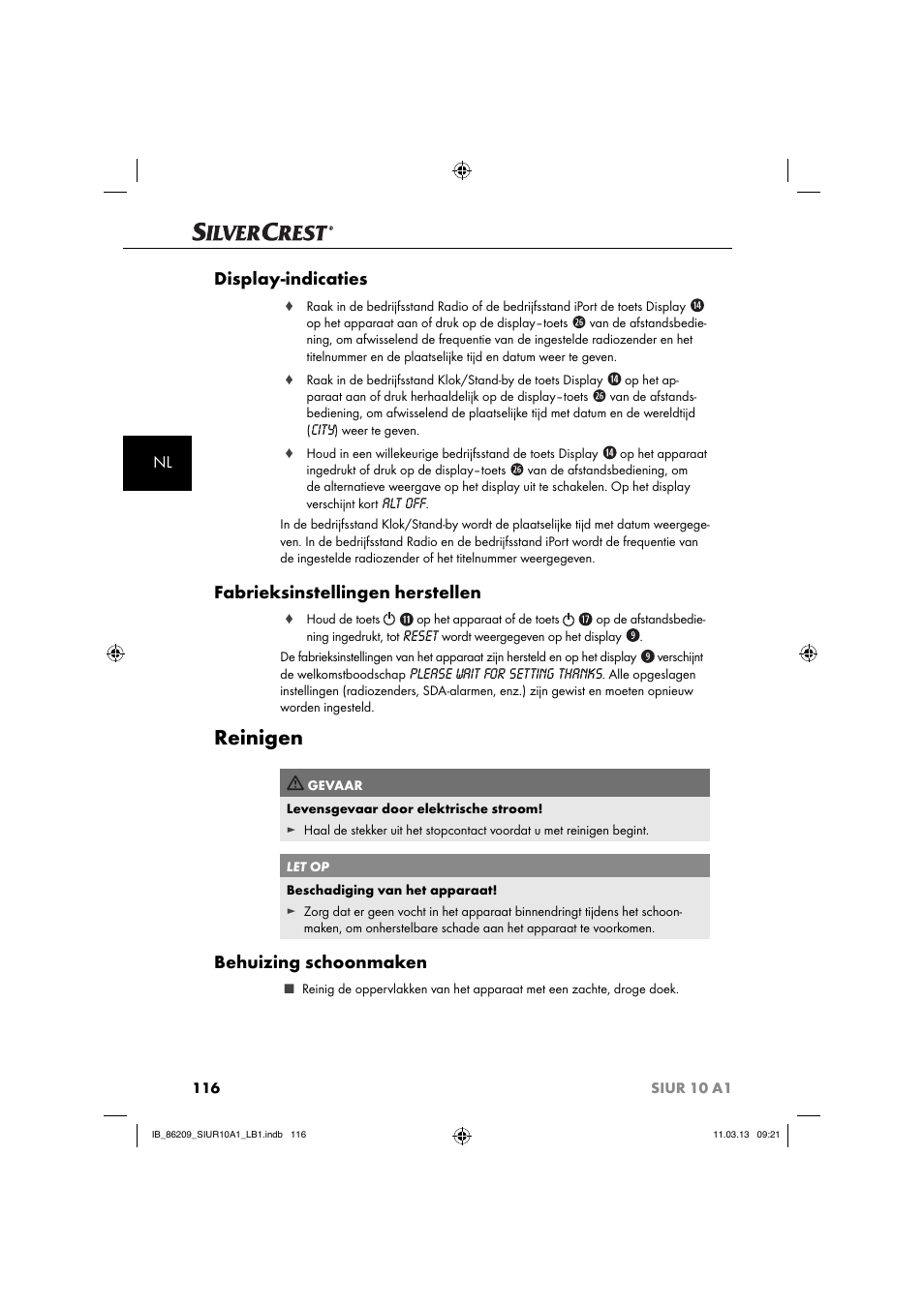Reinigen, Display-indicaties, Fabrieksinstellingen herstellen | Behuizing schoonmaken | Silvercrest SIUR 10 A1 User Manual | Page 119 / 154