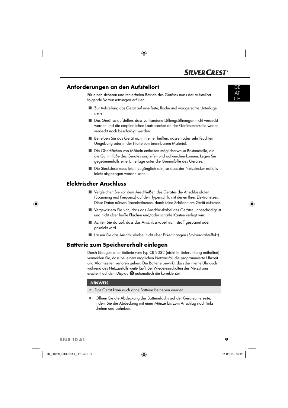 Anforderungen an den aufstellort, Elektrischer anschluss, Batterie zum speichererhalt einlegen | De at ch | Silvercrest SIUR 10 A1 User Manual | Page 12 / 154