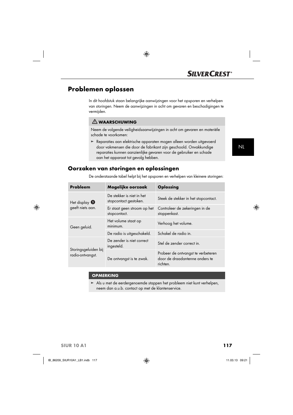 Problemen oplossen, Oorzaken van storingen en oplossingen | Silvercrest SIUR 10 A1 User Manual | Page 120 / 154