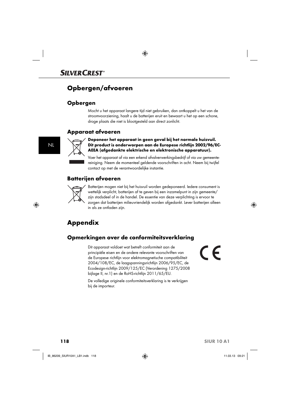 Opbergen/afvoeren, Appendix, Opbergen | Apparaat afvoeren, Batterijen afvoeren, Opmerkingen over de conformiteitsverklaring | Silvercrest SIUR 10 A1 User Manual | Page 121 / 154