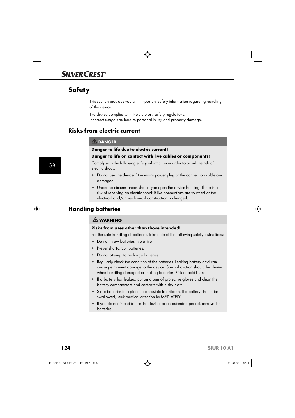 Safety, Risks from electric current, Handling batteries | Silvercrest SIUR 10 A1 User Manual | Page 127 / 154