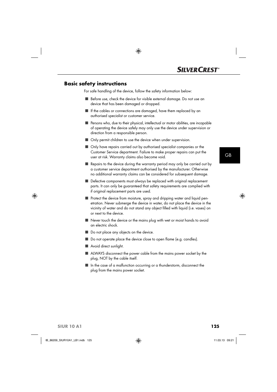 Basic safety instructions | Silvercrest SIUR 10 A1 User Manual | Page 128 / 154
