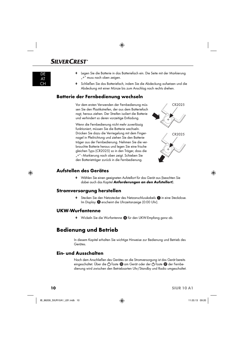 Bedienung und betrieb, Batterie der fernbedienung wechseln, Aufstellen des gerätes | Stromversorgung herstellen, Ukw-wurfantenne, Ein- und ausschalten, De at ch | Silvercrest SIUR 10 A1 User Manual | Page 13 / 154