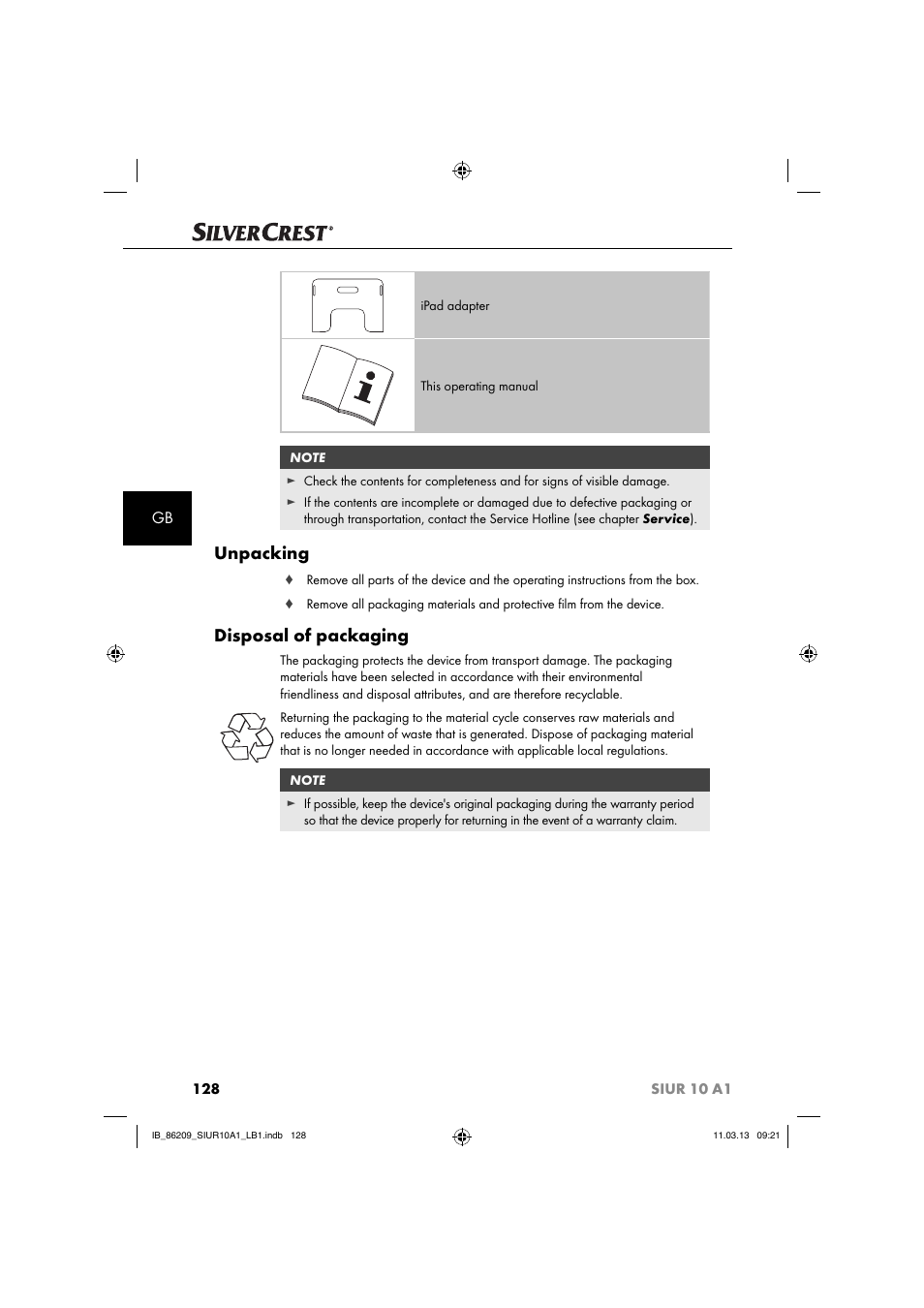 Unpacking, Disposal of packaging | Silvercrest SIUR 10 A1 User Manual | Page 131 / 154