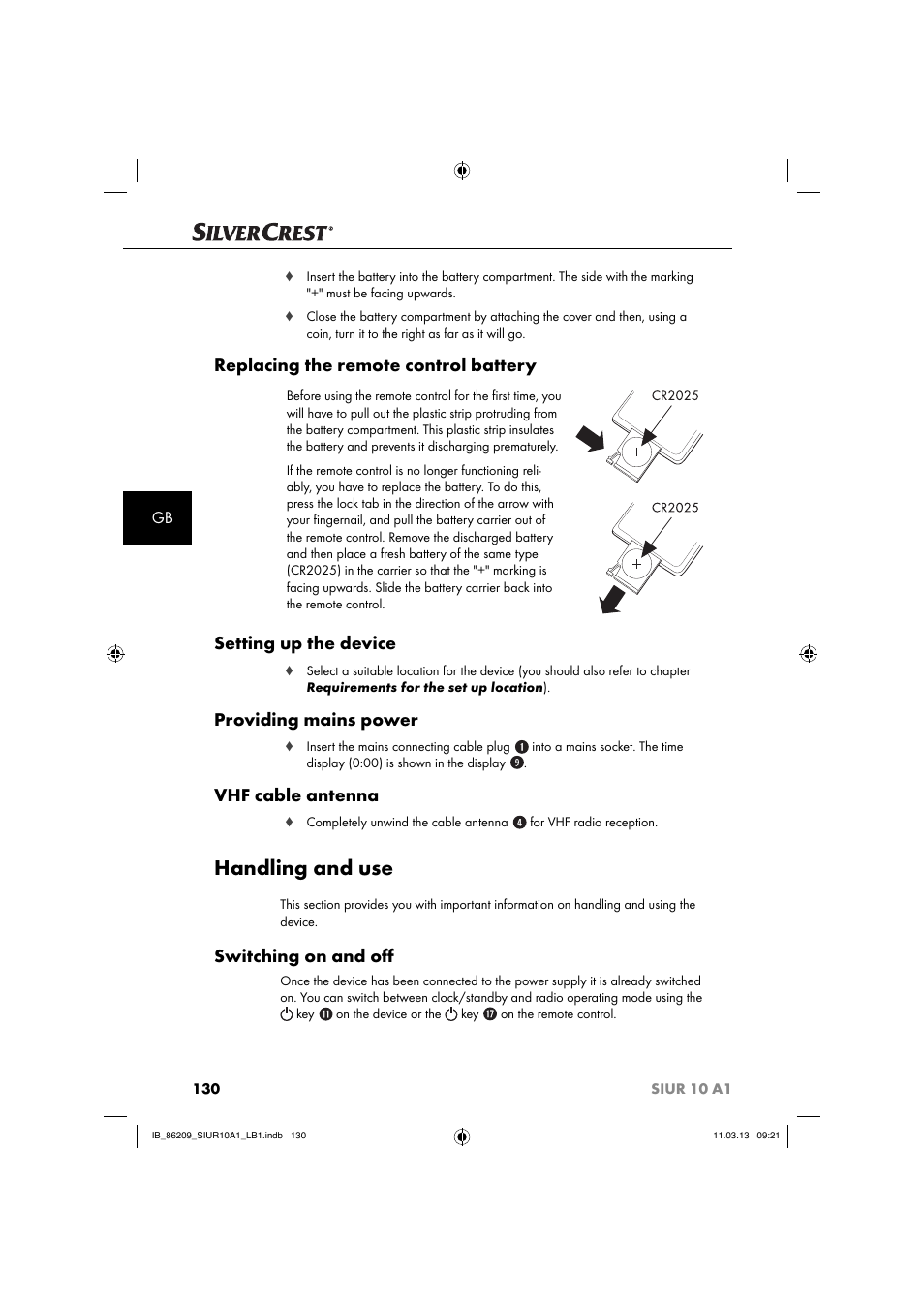 Handling and use, Replacing the remote control battery, Setting up the device | Providing mains power, Vhf cable antenna, Switching on and oﬀ | Silvercrest SIUR 10 A1 User Manual | Page 133 / 154
