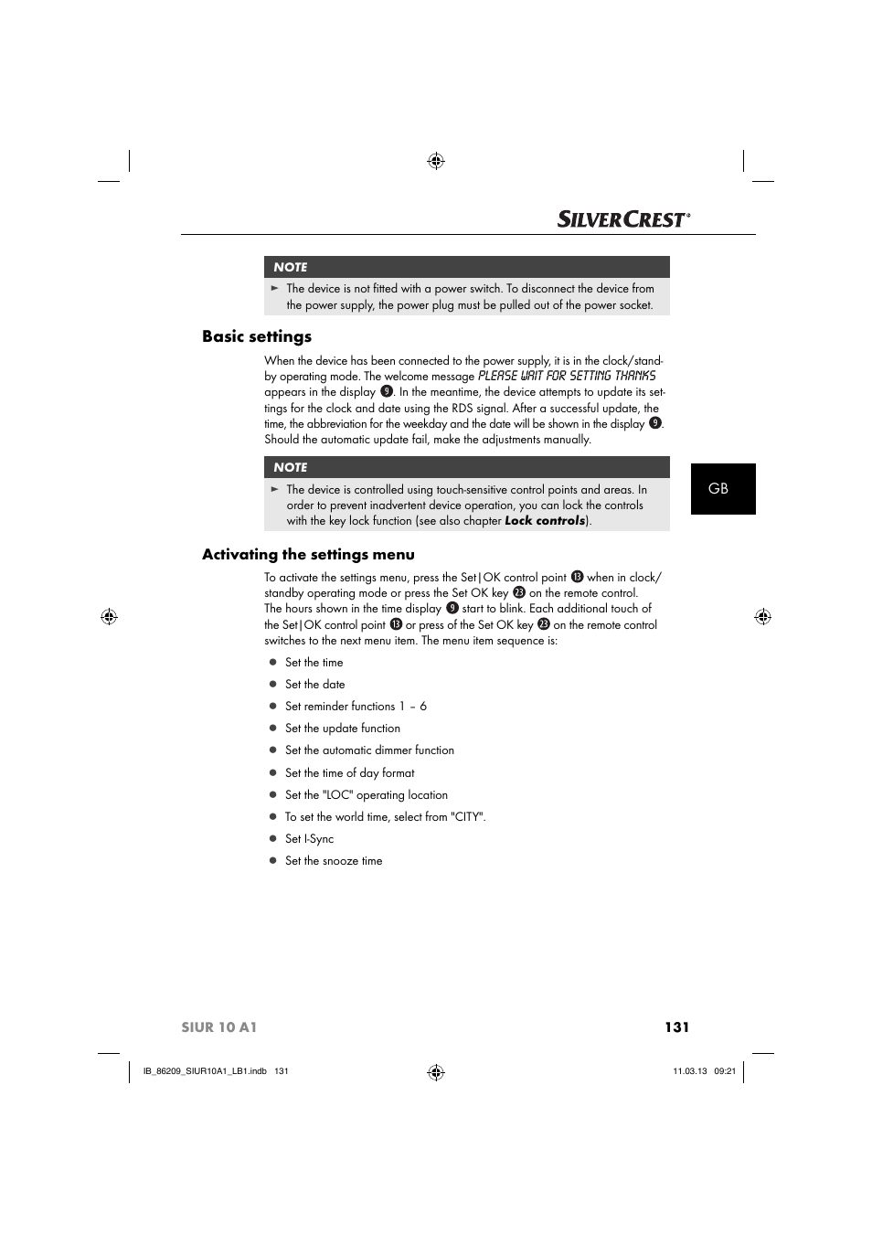 Basic settings, Activating the settings menu | Silvercrest SIUR 10 A1 User Manual | Page 134 / 154