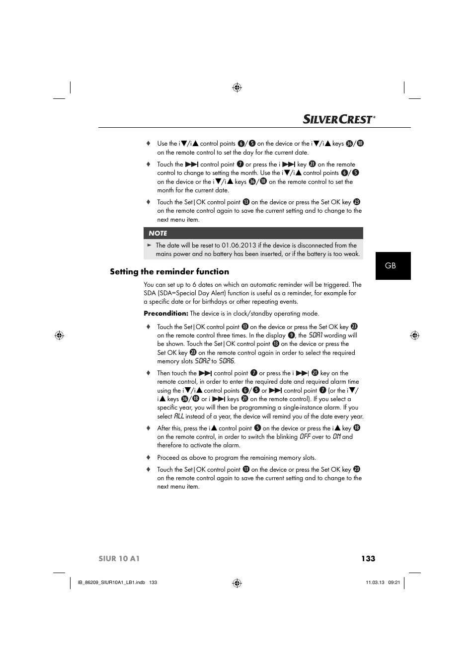 Setting the reminder function | Silvercrest SIUR 10 A1 User Manual | Page 136 / 154