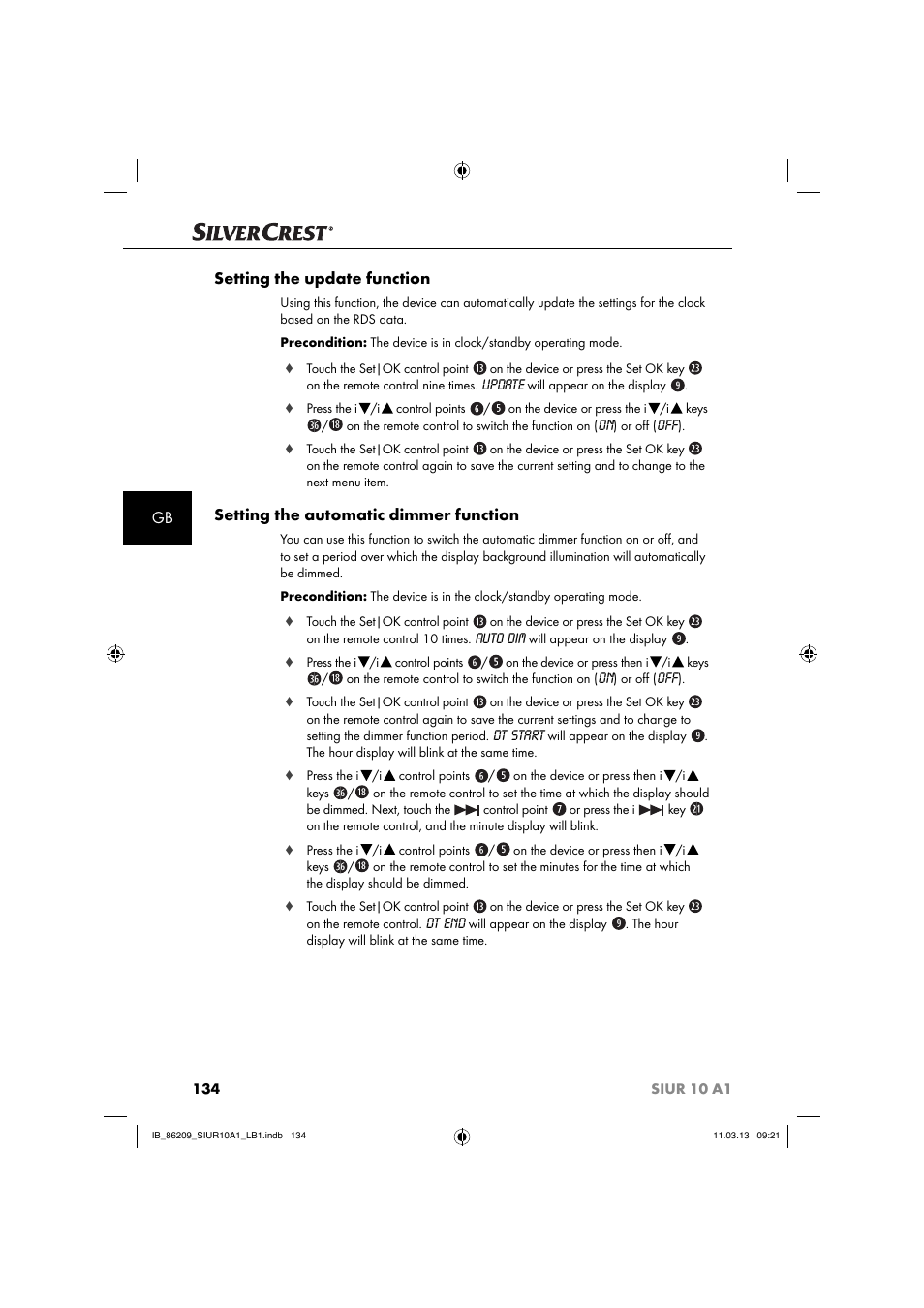 Gb setting the update function, Setting the automatic dimmer function | Silvercrest SIUR 10 A1 User Manual | Page 137 / 154