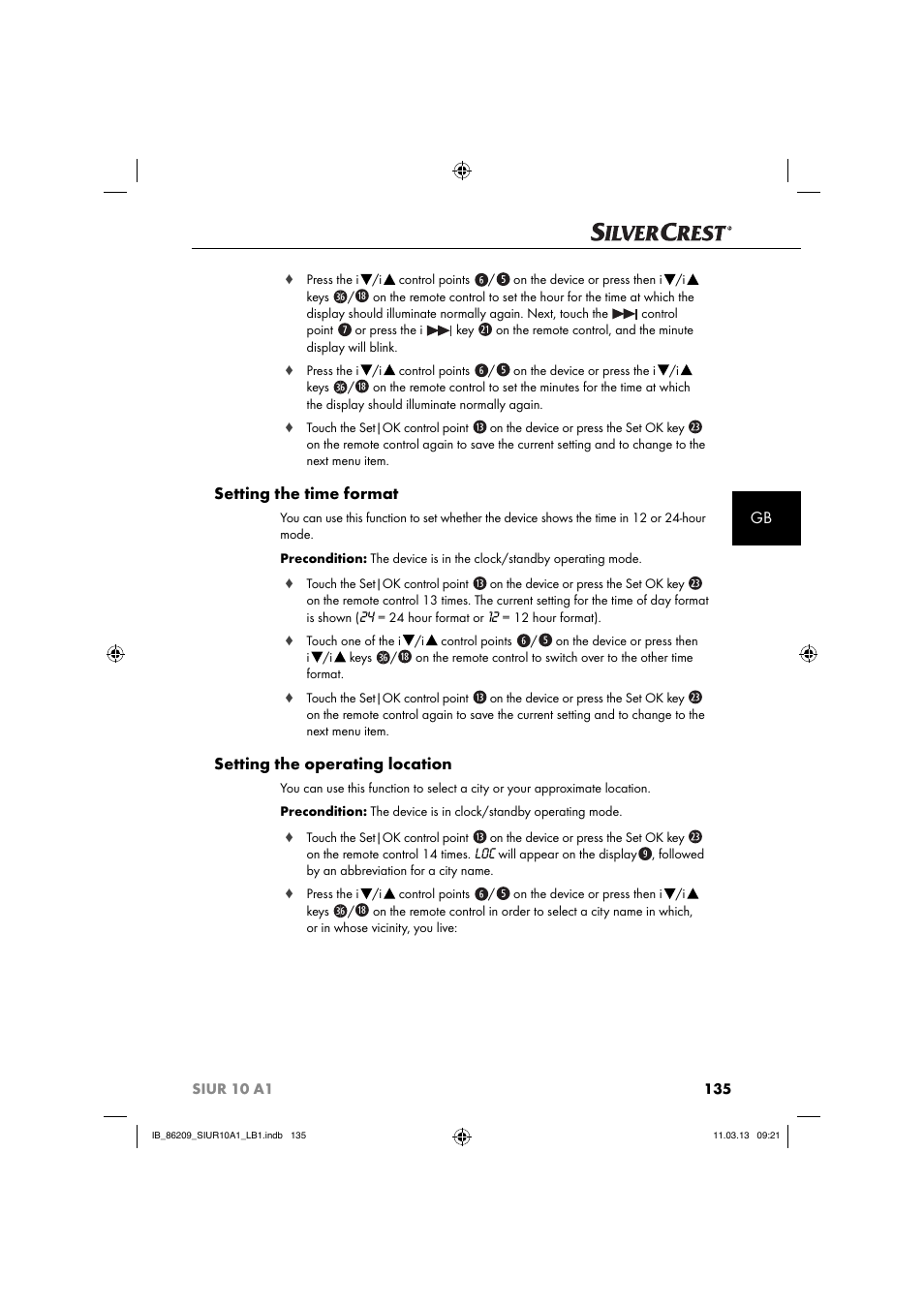 Setting the time format, Setting the operating location | Silvercrest SIUR 10 A1 User Manual | Page 138 / 154