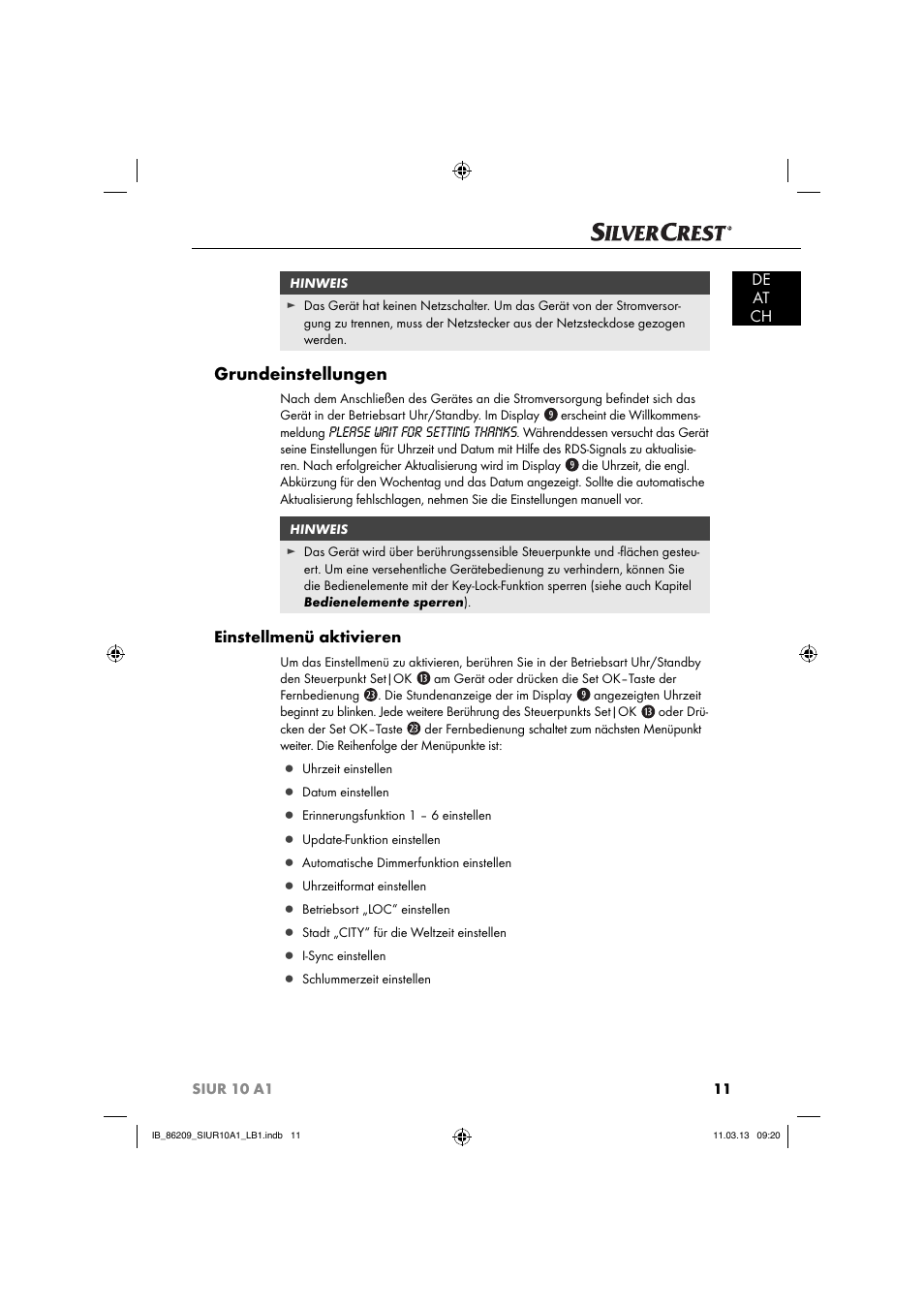 Grundeinstellungen, De at ch, Einstellmenü aktivieren | Silvercrest SIUR 10 A1 User Manual | Page 14 / 154